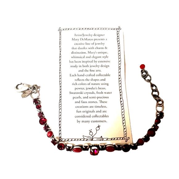 Mary DeMARCO La Contessa vintage designer bracelet Faux Garnet/Ruby Pewter 6"-8" - Picture 7 of 8